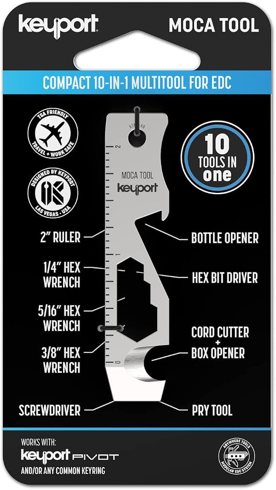 Keyport MOCA Keychain Multitool, Flat 10-in-1 Travel Tool, TSA-Friendly | Flat as a key, fits key chains, select key organizers | internal blade, travel friendly | box opener, pry bar, bottle opener