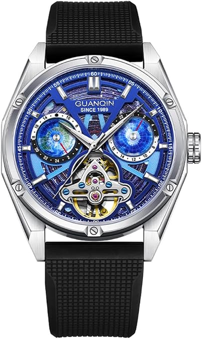 GUANQIN Men Skeleton Multifunctional Japanese Automatic Self-Wind Mechanical Watch Sapphire Business Double-Sided Hollow Waterproof Clock Luminous Rubber or Leather Strap Wristwatch