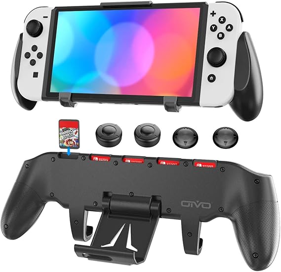 OIVO Switch Grip with Upgraded Adjustable Stand, Asymmetrical Grip with Adjustable Stand and 5 Game Slots-4 Thumb Caps Included, Black, Interactive Gaming Figures
