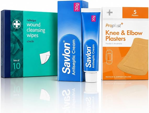 Savlon Antiseptic Cream 30g Bundle with 10 Cleansing Wipes & 5 Fabric Plasters | Travel & Home Care Essentials Kit
