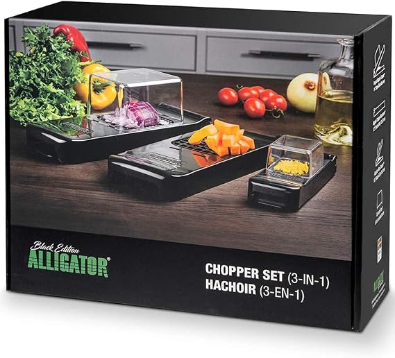 ALLIGATOR 3002 - Multi-Function Chopper 3-in-1 - Vegetable Chopper - Onion Cutter - Chip Cutter - 3 Interchangeable Blades - 3 x 3mm 6 x 6mm 12 x 12mm - BPA Free - Black