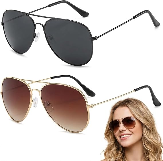 2 Pairs Pilot Style Sunglasses Women Men, Black and Brown, Classic Teardrop Sunglasses, Retro 80s Metal Frame with UV Protection Stylish Sunglasses for Outdoor
