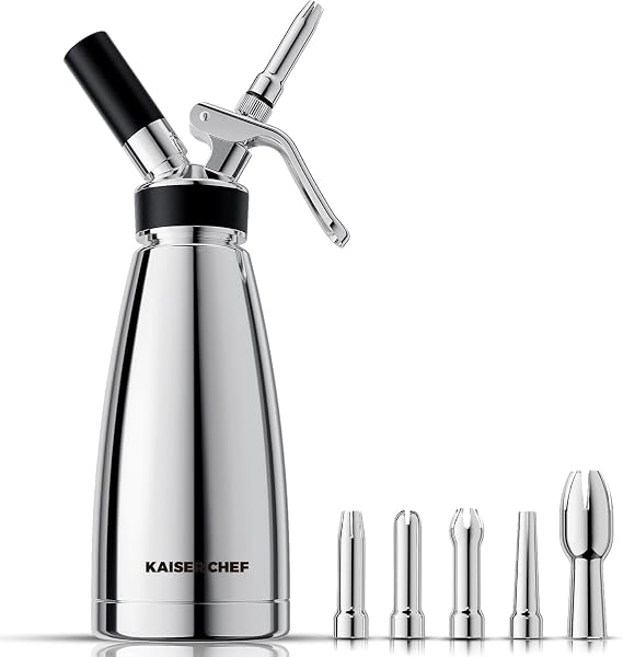 Professional Stainless Steel Whipped Cream Dispenser Double Wall Keep Warm and Cold, 500mL/1 Pint, Leak-Free Whipped Cream Maker Canister with 5 Decorating Nozzles & Cleaning Brush