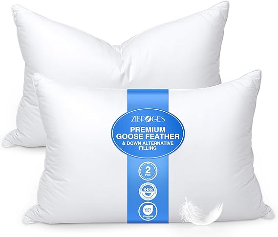 Goose Feather Pillows King Size Pack of 2 - Hotel Down Bed Pillow for Sleeping, Soft 600 Thread Count Cotton Cover, Fluffy Support Surround Fill Polyester for Side, Stomach, Back Sleepers