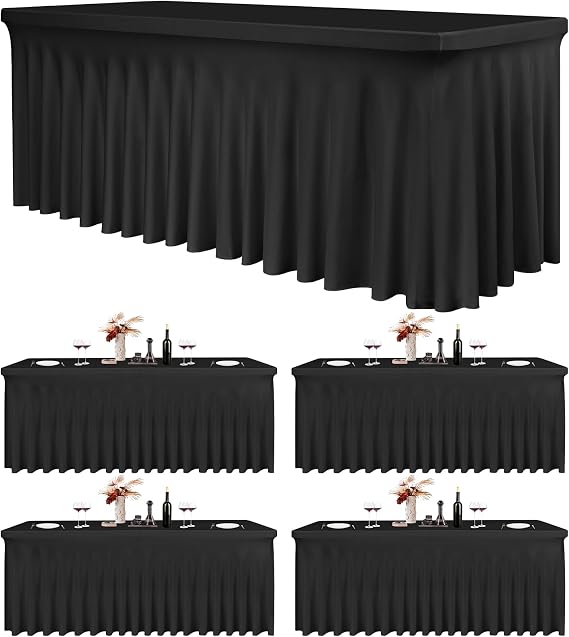 4 Pack 6Ft Spandex Table Skirts Fitted Black Stretch Tablecloth