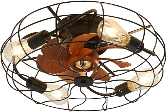 Yozma Ceiling Fan With Light, Flush Mount Ceiling Fan, Black Caged Ceiling Fan, 20 Inch Low Profile Fan With Remote, ABS Blades, Energy Efficient Reversible DC Motor, 6 E26 Bulbs Included