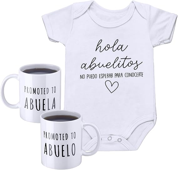 Tioncy 3 Pcs Hola Abuelitos Pregnancy Announcement Set Bodysuit Mugs, White
