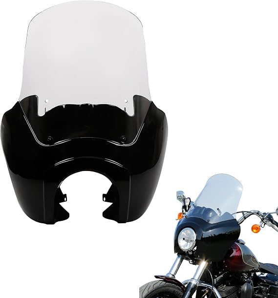 TCMT Front Fairing + 15" Windscreen Fits For Harley Dyna Street Fat Bob Wide Glide (Gloss Black+Clear)