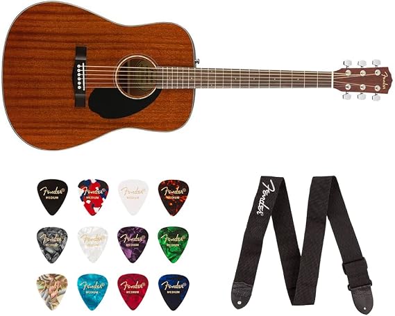 Fender CD-60S Dreadnought Acoustic Guitar (Walnut Fingerboard, All-Mahogany) Bundle with Classic Celluloid Guitar Picks and 2" Guitar Straps