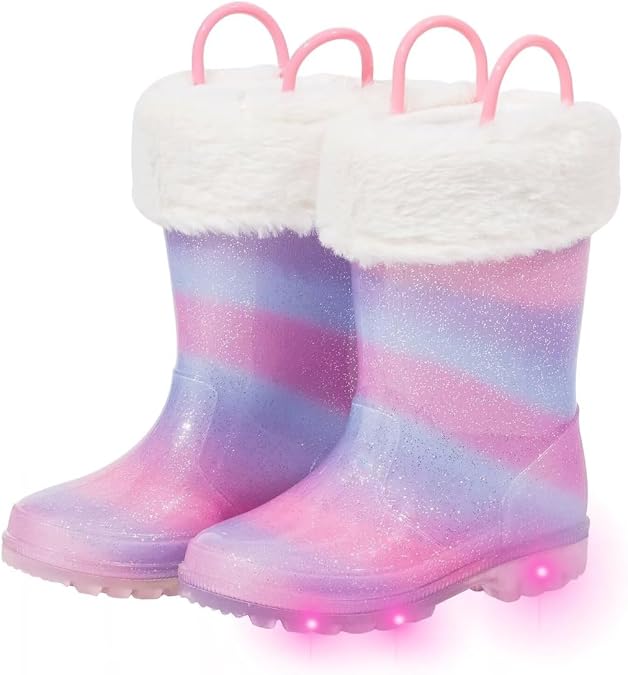 Kids Light Up Winter Wellies with Removable Lining, Fur Fleeced Lined | Fleeced Lined Wellies, Light Up, Easy On Handles, Waterproof Snow Boots, Non Slip Sole, All Season Wellies