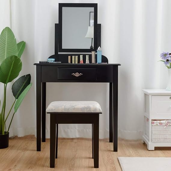 Casart Vanity Dressing Table Stool Set, for Bedroom Vanities Furniture with Large 360 Rotating Makeup Mirror Solid Wood Legs Padded Linen Fabric Bench, Vanity Tables with Drawers, Black