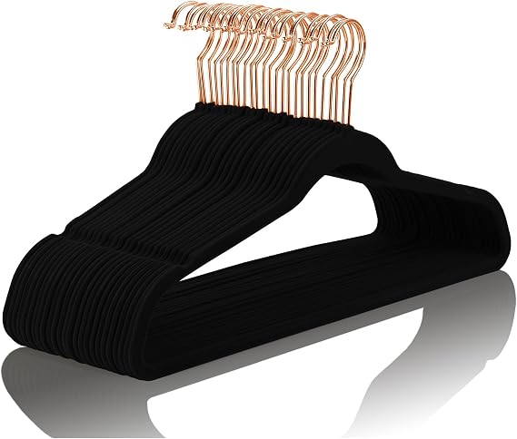 MIZGI Black Velvet Hangers 100 Pack Non Slip Heavy Duty Rose Gold Hooks