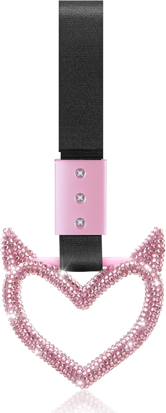 Fabbay Bling Heart Car Handle Strap Drift Charm Car Accessories for Women | Bling Heart Rear Bumper Warning Ring Decor for Auto Bus Subway Interior Exterior Decorations, Pink, Devil Style