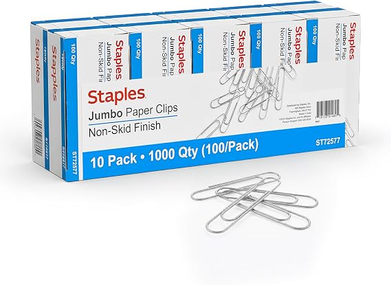 Staples Jumbo Paper Clips, Silver, Non-Skid, Heavy-Duty, 1,000-Pack
