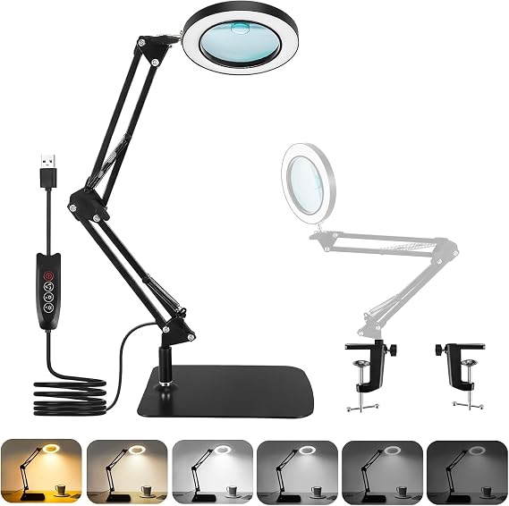 2024 New Model 2-in-1, 10x Magnifying Glass, Standing Magnifier with LED Light, Work Stand, Desktop Magnifier, 360° Angle Adjustment, Stepless Dimming, Standing Type, Clip Compatible, USB Powered