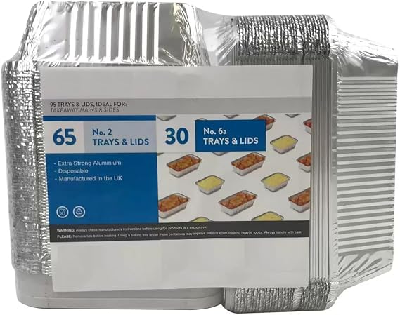 Pack of 95 Aluminium Foil Trays with lids | 65 No.2 + 30 No.6a | Food Containers | Disposable Takeout Pans | for Meal Prep, Batch Cooking 20.5 x 11 x 5.5 cm and 14.5 x 12 x 4.5cm