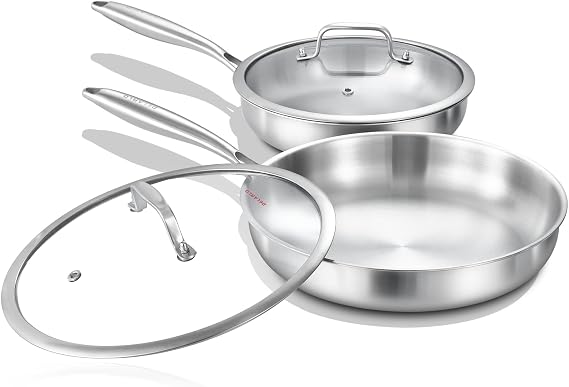 DELARLO Tri-Ply Stainless Steel Pan,18/10, 8",10" | Nontoxic Durable Oven Safe 800F All Cooktops Compatible Fast Even Heat PFOA Free Large Frying Pan Nontoxic Cookware