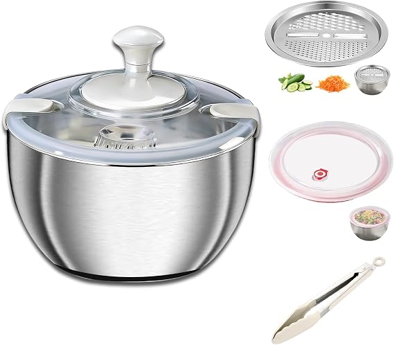 Large Salad Spinner with Storage Lid,5.29QT Stainless Steel Spin Dry Salad Greens Fruit Washing Bowl with Strainer Vegetable Cleaner washer Lettuce Spinner with slicer and julienne cutter