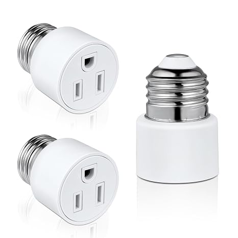 3 Prong Light Socket to Outlet Adapter, E26/E27 Screw in Light Bulb to Plug Adapter, Polarized Light Socket Converter for Porch Light, Garage Light, Camera and Light Strings(3,White)