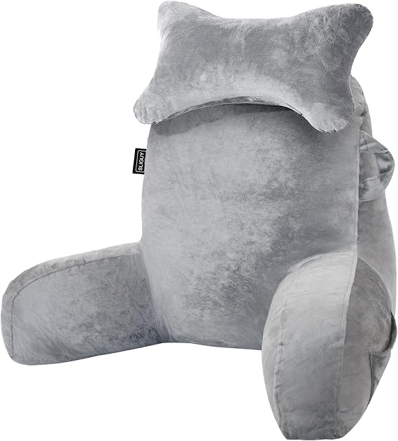 SLIGUY Reading Pillow for Sitting in Bed Couch Adult, Back Pillow with arm Support and Pockets, Adult Back Pillow Chair for Bed Rest, Reading, Watching TV, Gaming for Boys and Girls Light Grey