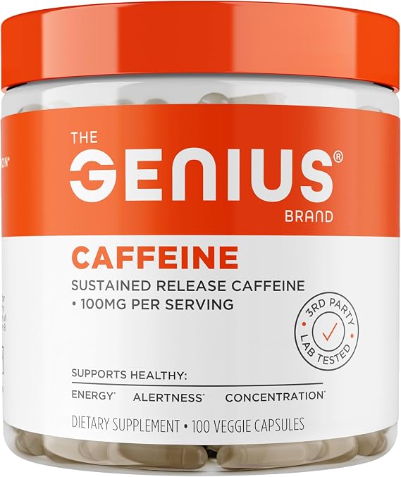 The Genius Brand Caffeine Sustained-Release, 100mg, 100 Servings | Microencapsulated Caffeine for Smooth, Long-Lasting Energy and Focus, No Jitters or Crash, 100mg per Capsule