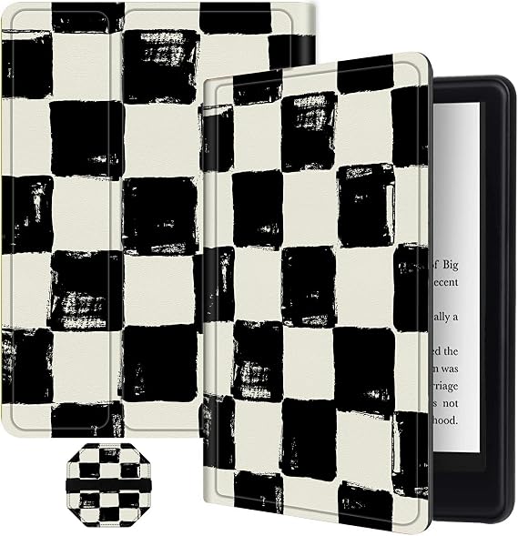 for 7" All-New Kindle Paperwhite 12th Gen 2024 and Kindle Colorsoft Signature Edition, Multi-Angle Stand Slim Cover with Auto Wake/Sleep + Screen Cleaning Pad, Black White Check