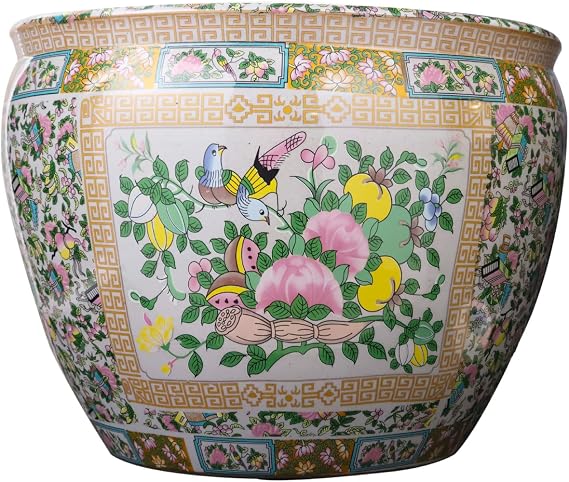 Large Porcelain Floral Rose Medallion Fishbowl Cachepot Planter