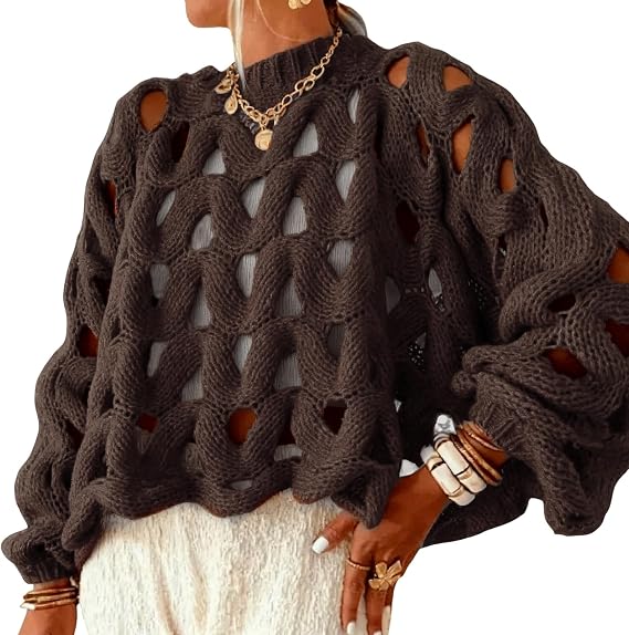 Yimoon Women's Crochet Sweater Hollow Out Oversized Sweater | Long Sleeve, Crew Neck, Loose Chunky Sweater, Pullover Jmper Top, Beach Cover Up