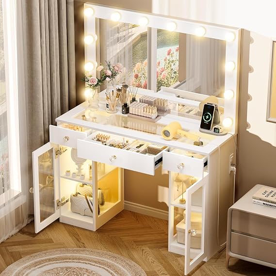 Glass Top Vanity Desk with Mirror and Lights, Crystal Knobs Makeup Vanity with 3 Drawers and Charging Station, Adjustable Lighting Color Dressing Table, Silent Slides, White with Bulbs