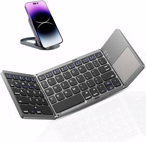 Foldable Bluetooth Keyboard with Touchpad - Portable Wireless Keyboard with Holder, Rechargeable Full Size Ultra Slim Pocket Folding Keyboards for Android Windows iOS Tablet & Laptop