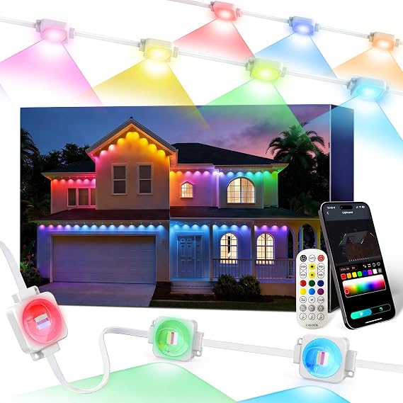 Super RGB Permanent Outdoor Lights 100FT, Smart RGB+IC Eave Lights with Remote APP Control, DIY LED Color Individual, White & Colorful Christmas String Light, IP67 Waterproof for House Outside Decor