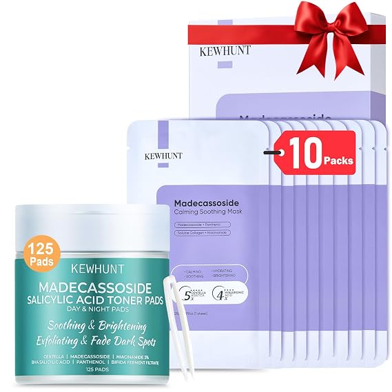 10 Sheet Collagen Face Mask + 125 Pads Madecassoside Toner Pads, Mild Exfoliating
