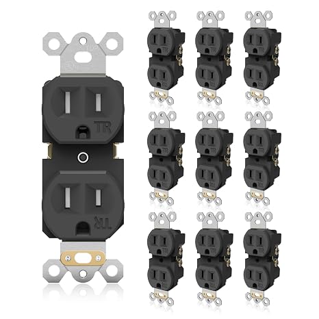 TOPELER Duplex Wall Receptacle Outlets, 15A 125V 1850W, 2 Pole 3 Prong, Tamper Resistant Electrical Socket, Self-Grounding, Residential Grade Power Receptacle, UL Listed, Black, 10 Pack