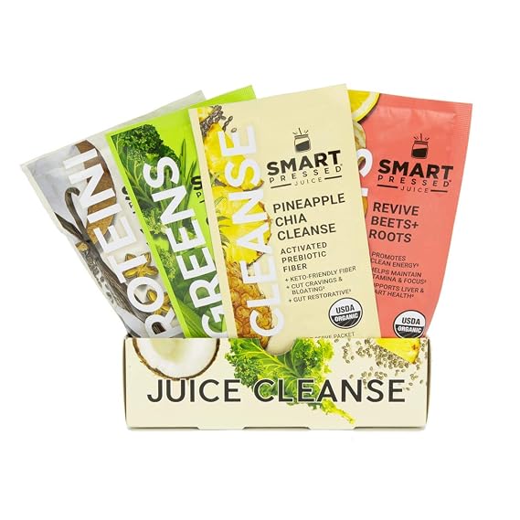 SMART Pressed Juice 1-Day Organic Juice Cleanse | Healthy Detox Program | Vegan Vanilla Protein, Green Juice, Beets Juice & Pineapple Chia Cleanse | High Fiber & Vegan