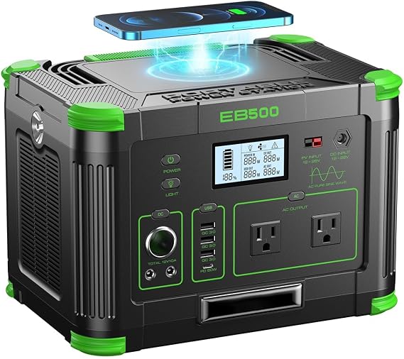 500W Portable Power Station, Solar Generator 519.48Wh Lithium Battery Power