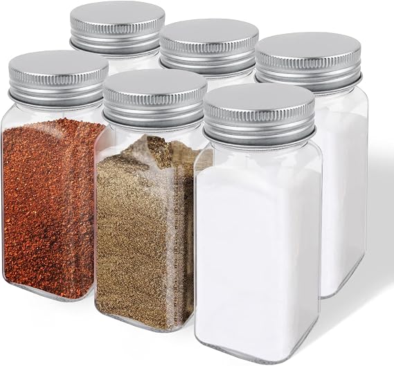 ZUFECY 4oz Glass Spice Bottles with Shaker Lids, Restaurant & Home Kitchen Storage | Square Air-Tight Containers for Spices, Salt, Pepper (Set of 6, 120ml)