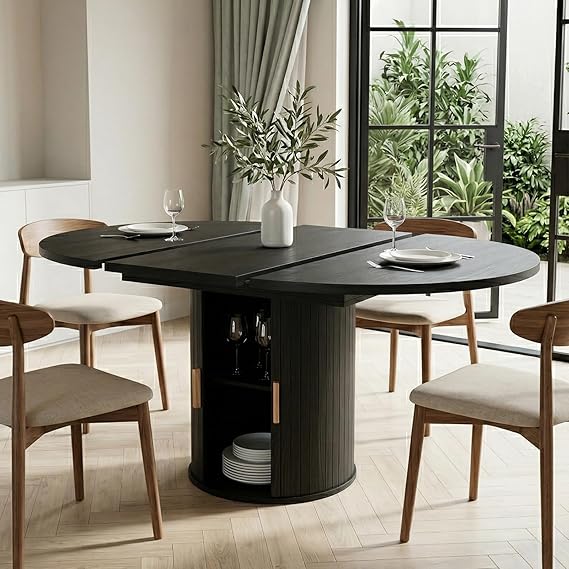 Round Extendable Wood Dining Table for 4-6 People with Storage Cabinet | 110-150cm Dinner Table, Farmhouse Oak Kitchen Table with Storage Shelves for Dining Room Living Room, Rustic Black