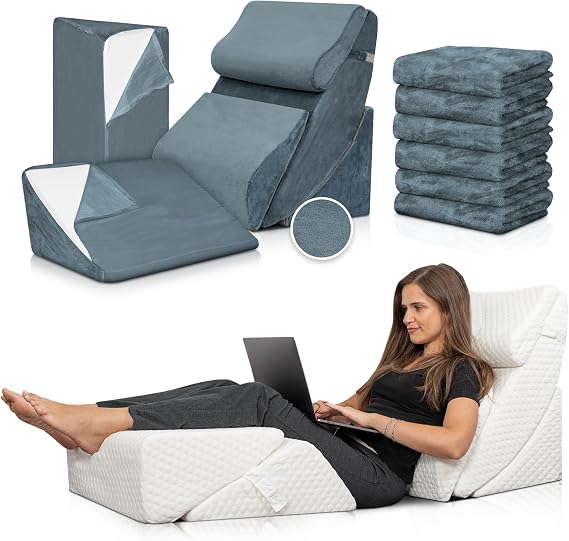 Lunix LX13 6pcs Adjustable Wedge Pillow Set White + Extra Navy Cover Full-Body Memory Foam System for Back, Legs & Comfort Support - Bundle and Save 10%