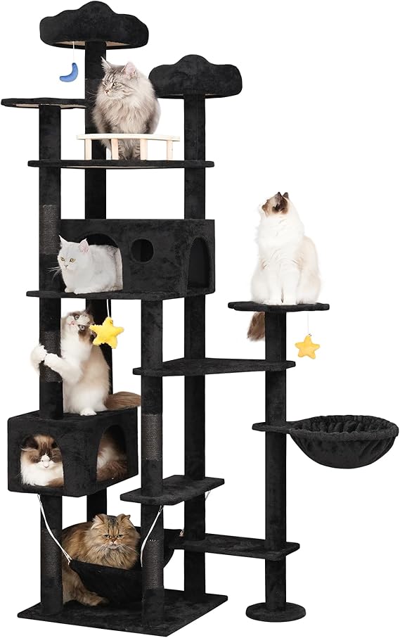 Meecal 79inch Giant Cat Tree for Indoor Cats Large Adult, Multi-Level Heavy Duty Cat Tower with Scratching Post, Cat Condo with Hammocks & Plush Perches, Black