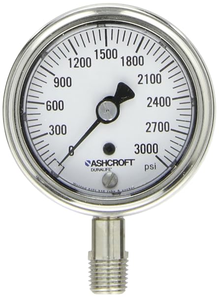 Ashcroft Duralife Type 1009SW Stainless Steel Case Pressure Gauge with Stainless Steel System, 2.5" Dial Size, 1/4" NPT Lower Connection, 0/3000 psi Range