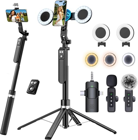 Content Creator Essentials Vlogging Kit, Magnetic Tripod & 2 Lights 2 Mics