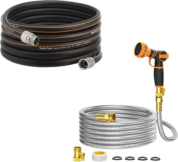 Giraffe Tools Garden Hose 50ft x 5/8", 304 Stainless Steel Metal Water Hose with Garden Hose 25ft x 5/8", Custom Length, Heavy Duty, No Kink, Flexible