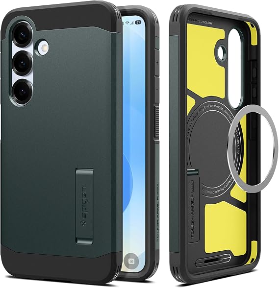Spigen for Galaxy S25 Case, Tough Armor MagFit [Kickstand] [Compatible with MagSafe] [Military-Grade Protection] - Abyss Green
