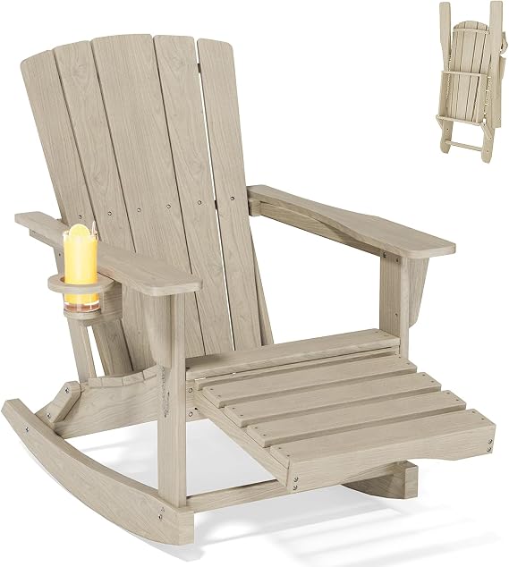 Adirondack Rocking Chair with Retractable Ottoman,Outdoor Folding Adirondack Chair with Cup Holder,HDPE All-Weather Patio Lounge Chair for Porch,Lawn, Poolside,Brown