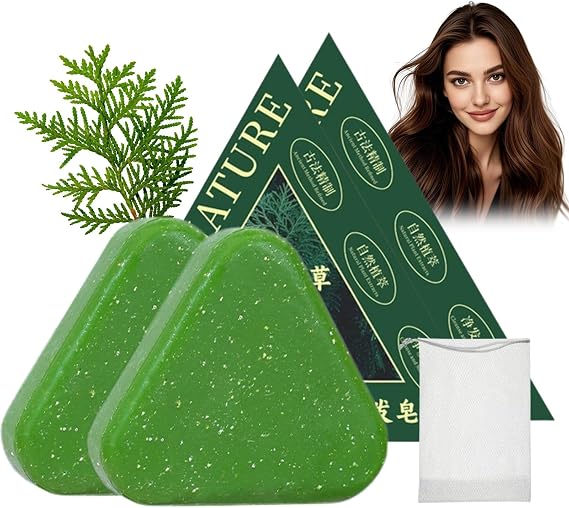 2PCS Nature Triangle Shampoo Bar with Foaming Net, Nature Seven Green Soap Shampoo, Usman Grass Hair Shampoo Bar for Women & Men, Solid Shampoo and Conditioner Bars for Strengthens Smooths Hair