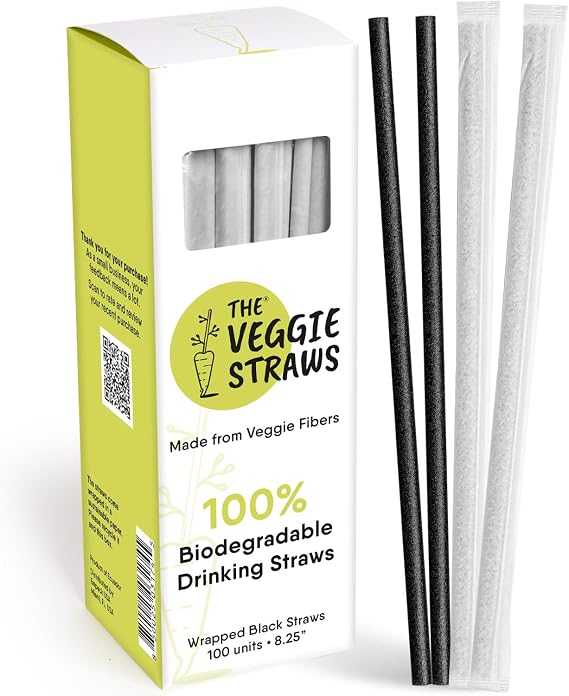 The Veggie Straws – 100 PCS of 8.25 Inches Individually Wrapped Black Biodegradable Straws – Made of Vegetable Fibers, Best Environment Friendly Drinking Straws for Hot and Cold Beverages