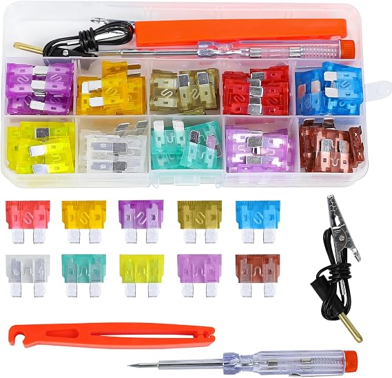 100PCS Car Fuse Assortment Kit, Standard & Mini & Low Profile Mini Automotive Blade Fuses, 3A 5A 7.5A 10A 15A 20A 25A 30A 35A 40A Vehicle Replacement Fuses, with Fuse Puller Circuit Tester