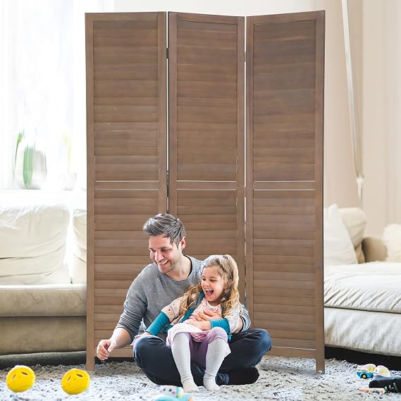 3 Panel Wood Room Divider for Room Separation 5.6 Ft Tall Folding Privacy Screen Freestanding Partition Wall Divider for Home Office Bedroom, Brown