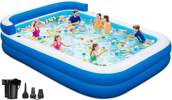 Large Inflatable Swimming Pool - 120" x 85" x 26" Blow Up Pool for Adults and Kids with Seat & Air Pump, for Backyard Lawn Indoor Outdoor Use