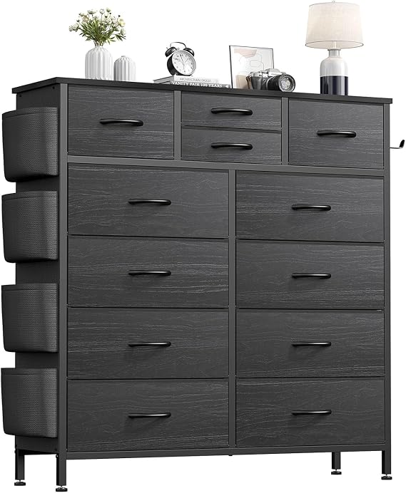 Chest of Drawers with 12 Fabric Drawers, Tall Dresser for Bedroom, White | Black, 30D x 99W x 113H, Side Pockets, Hooks, Metal Frame, Wooden Top, Adjustable Feet, Living Room, Entryway, Closet
